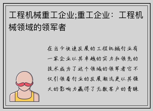 工程机械重工企业;重工企业:工程机械领域的领军者