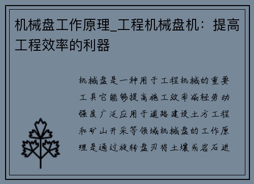 机械盘工作原理_工程机械盘机:提高工程效率的利器